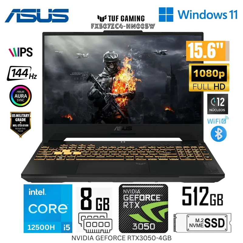 ASUS - Laptop Asus Tuf Gaming FX507ZC4-HN005W Intel Corei5-12500H RAM 8GB SSD 512GB 15.6"  FHD RTX3050-4GB