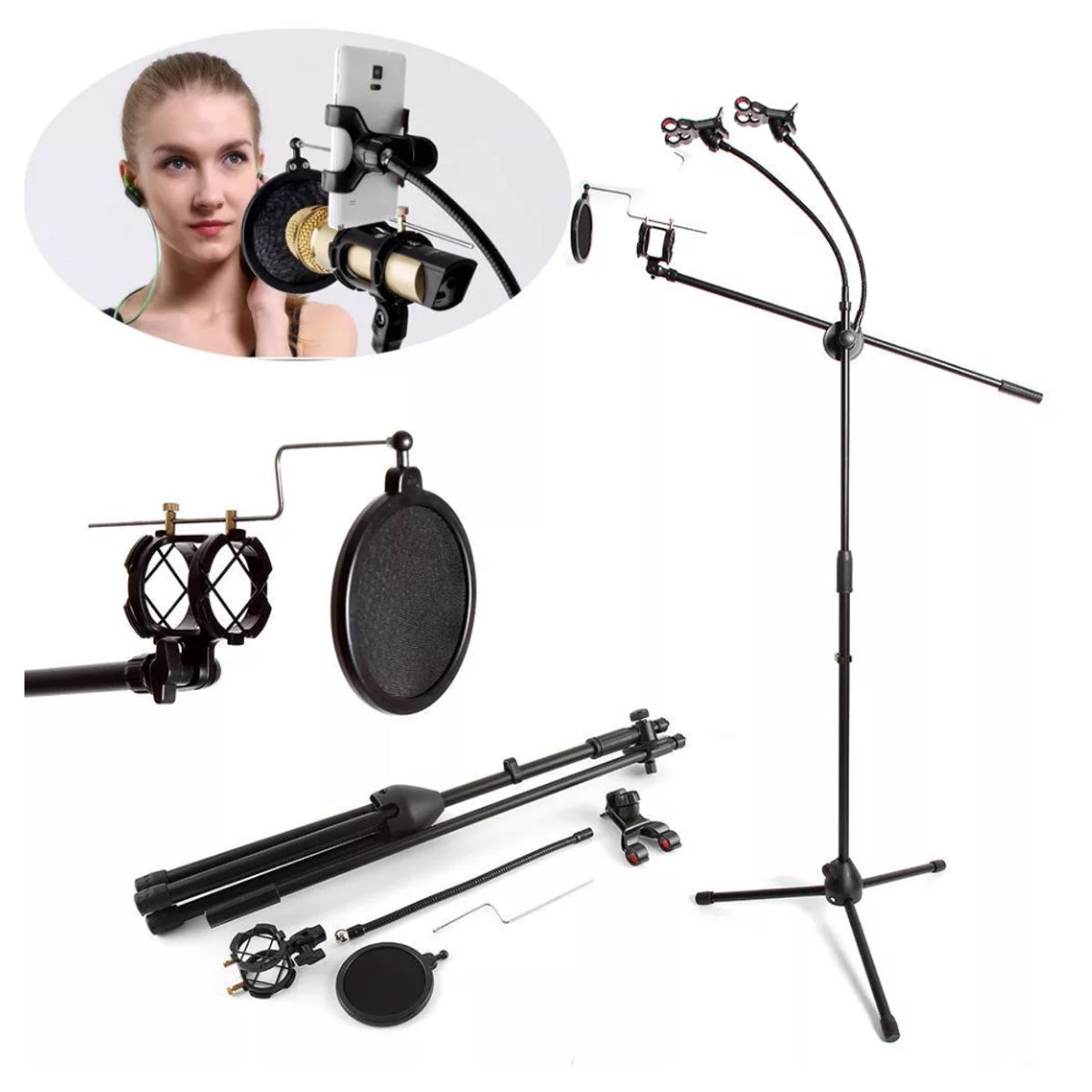 SEISA - Tripode 170cm Brazo para Microfono  Doble Soporte Holder Celular Flexible Transmisiones en Vivo LIVE