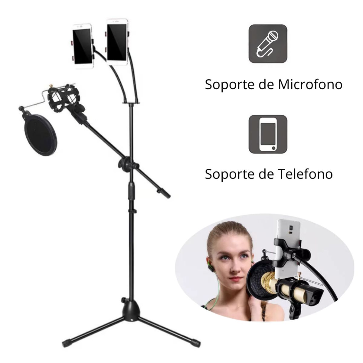 SEISA - Tripode para Microfono 170cm Doble Soporte Holder Celular Flexible