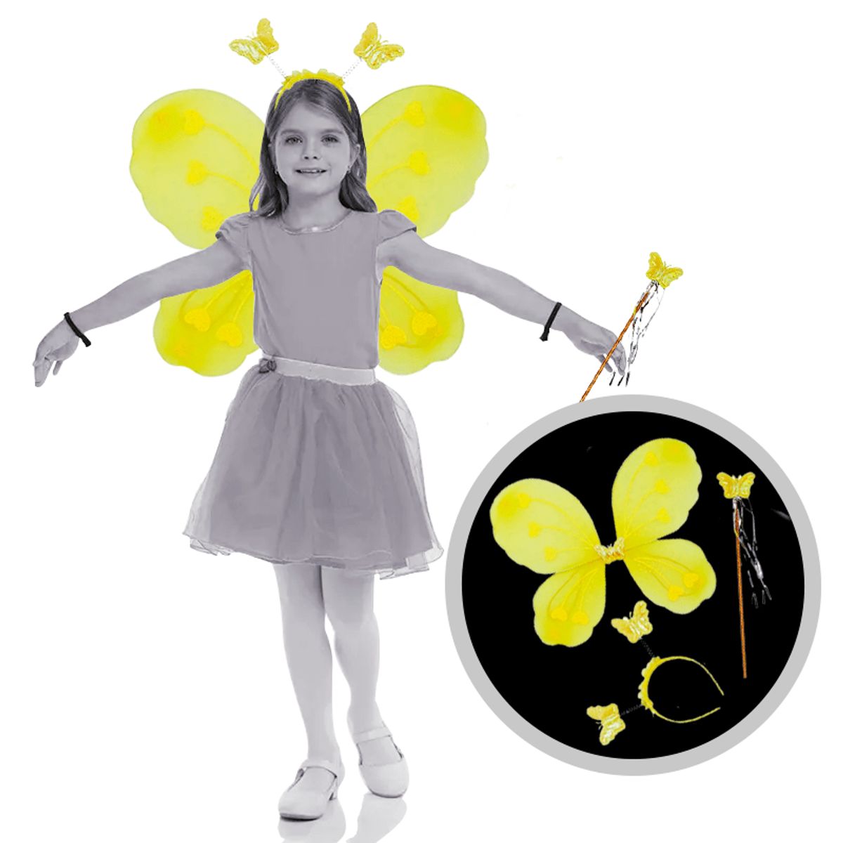 GENERICO - Pack alitas  Mariposa Ala +Diadema +Varita Amarillo
