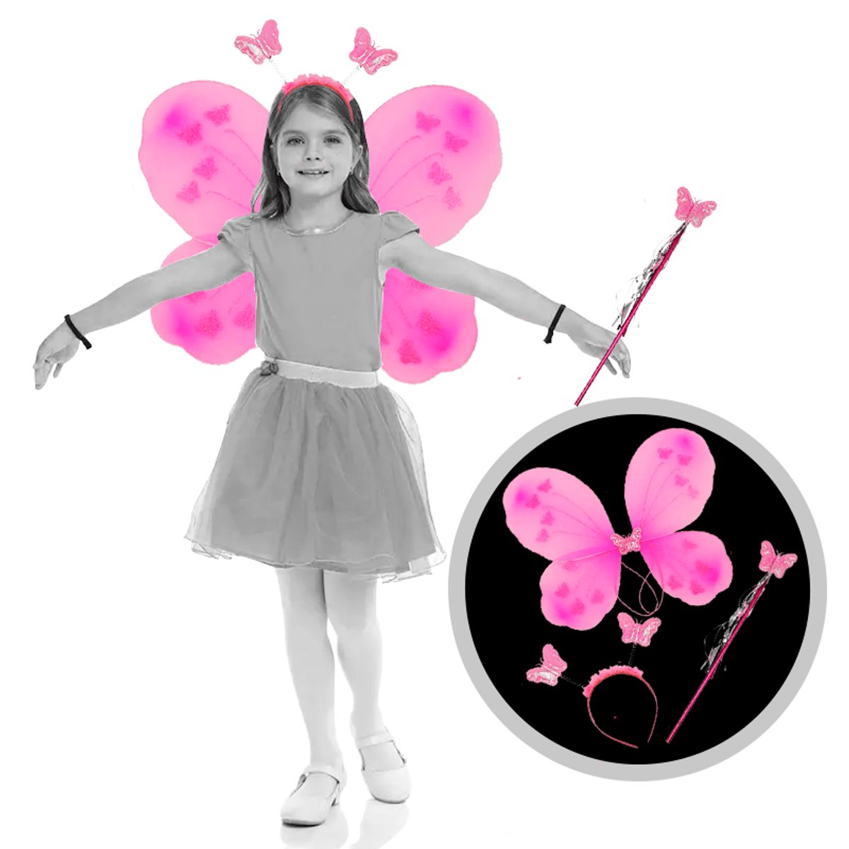 GENERICO - Pack alitas  Mariposa Ala +Diadema +Varita Fucsia
