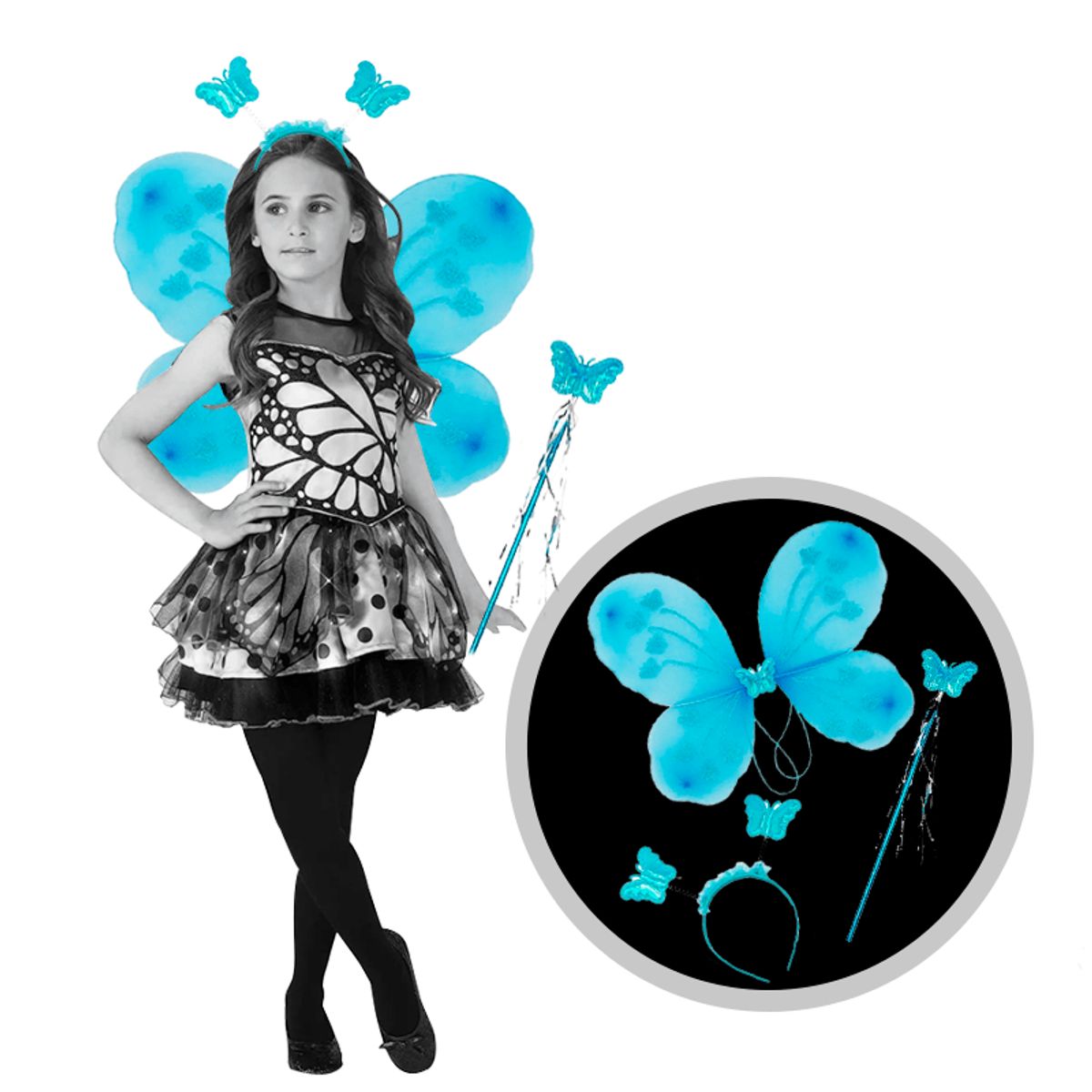 GENERICO - Pack alitas  Mariposa Ala +Diadema +Varita Celeste