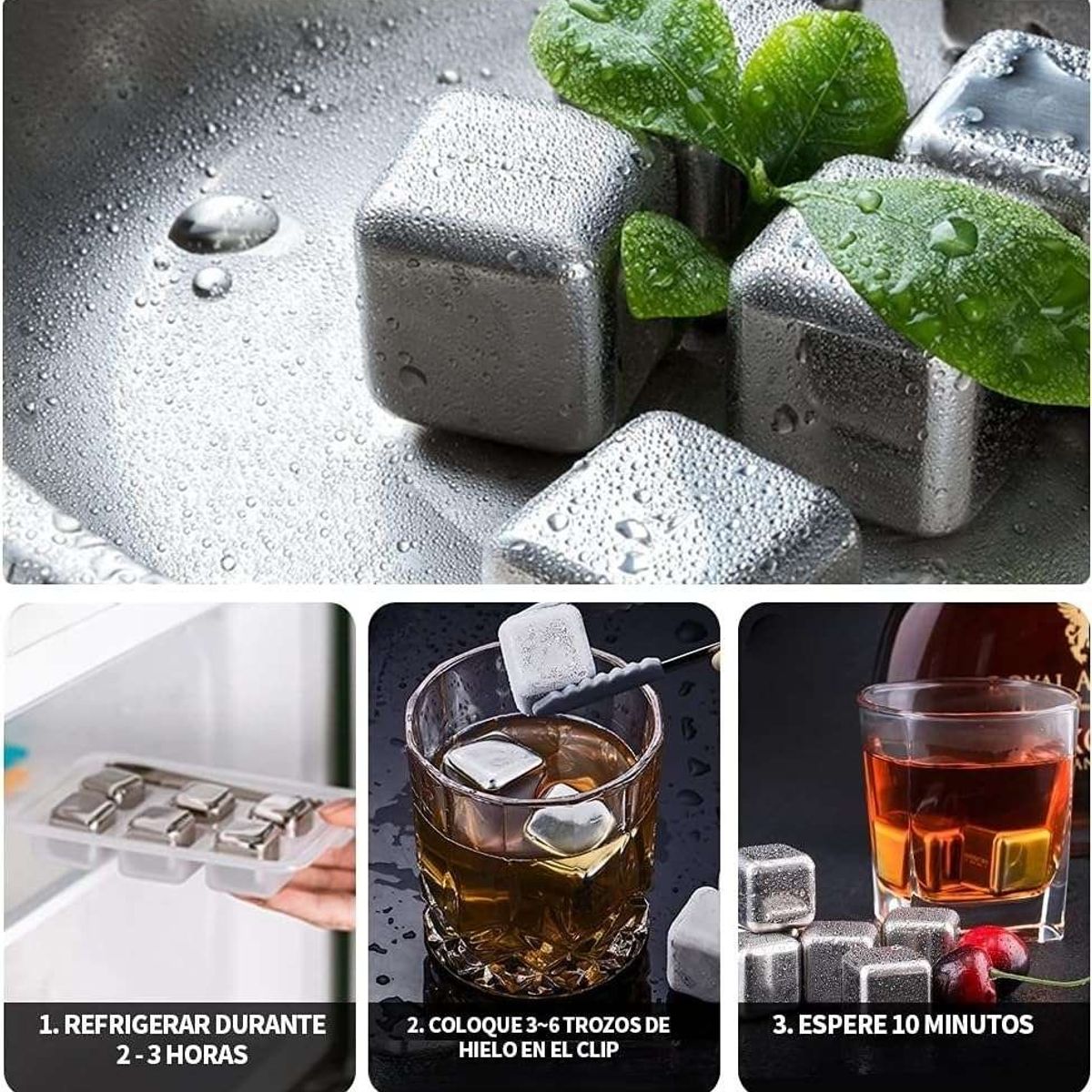 GENERICO - SET 6 CUBOS HIELO ACERO CONGELADOR BEBIDAS LICOR REUTILIZABLE Y PINZA
