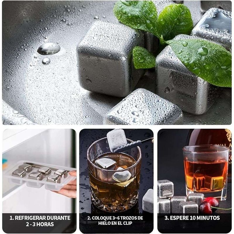 GENERICO - SET 6 CUBOS HIELO ACERO CONGELADOR BEBIDAS LICOR REUTILIZABLE Y PINZA