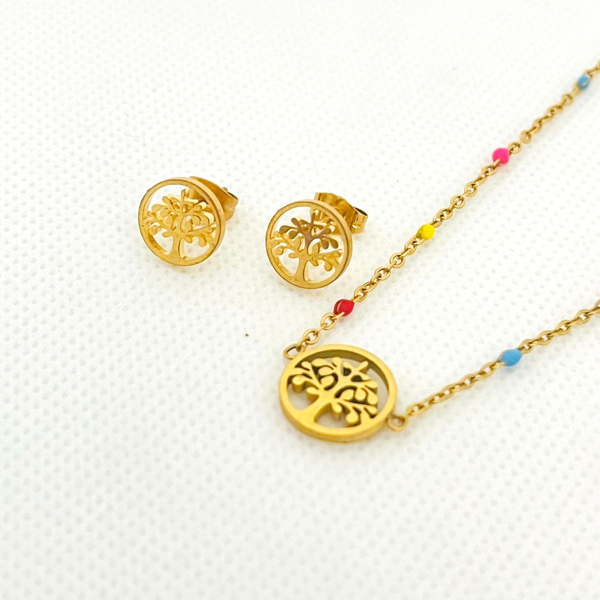 GENERICO - Set Collar y Aretes de Acero Inoxidable Árbol de la Vida Cadena 43 cm