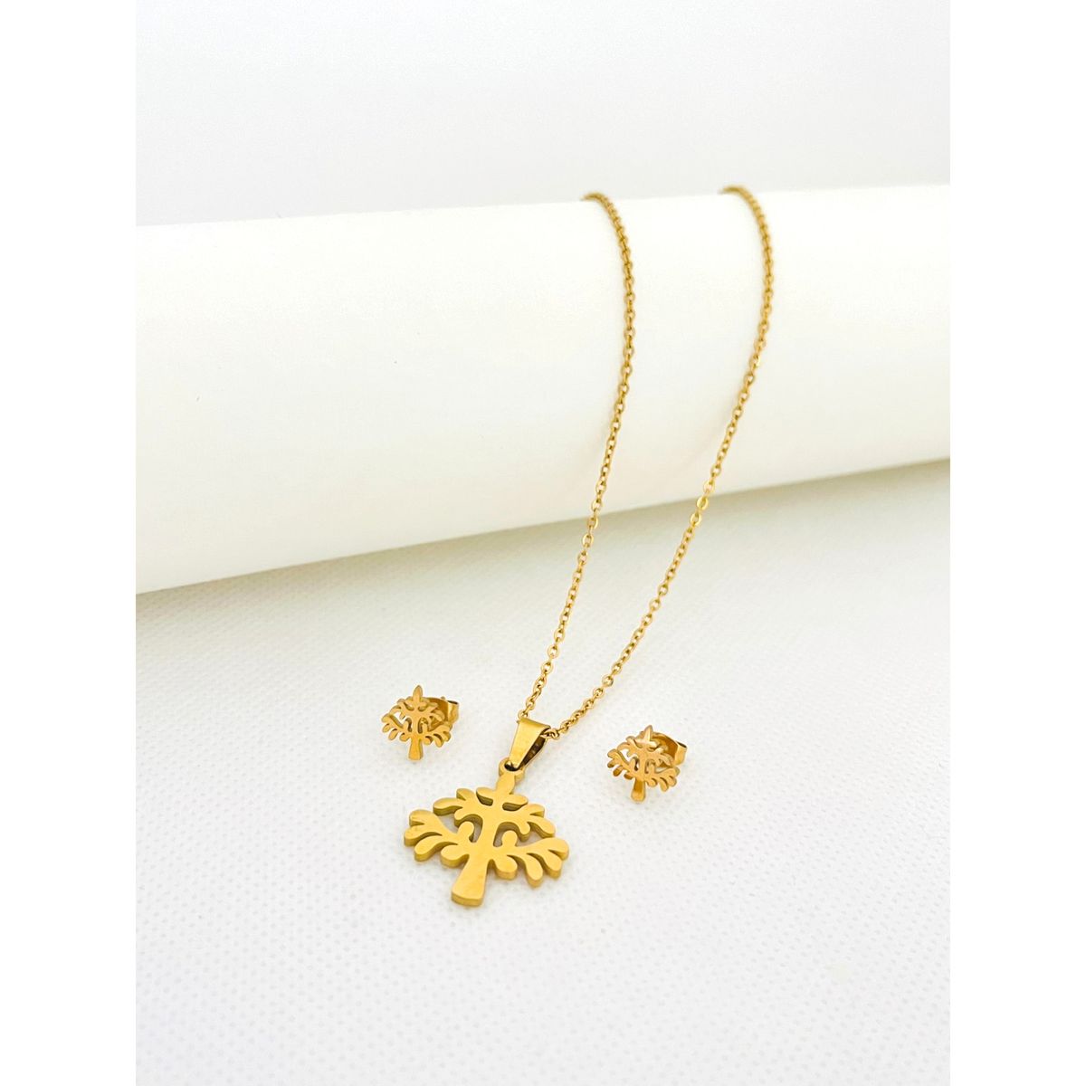 GENERICO - Set Collar y Aretes de Acero Inoxidable Árbol de la Vida Cadena 43 cm