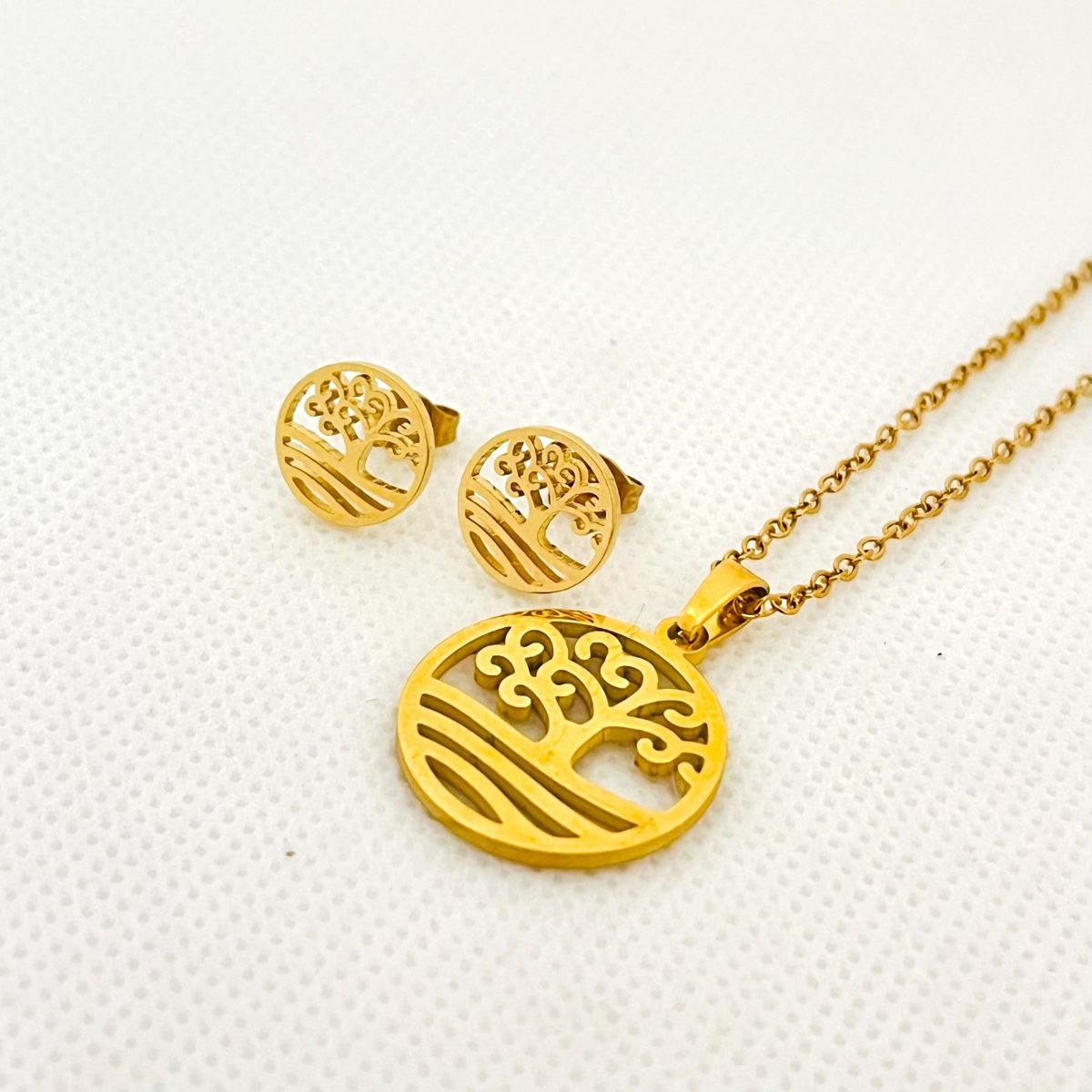 GENERICO - Set Collar y Aretes de Acero Árbol de la Vida Circular Cadena 43 cm