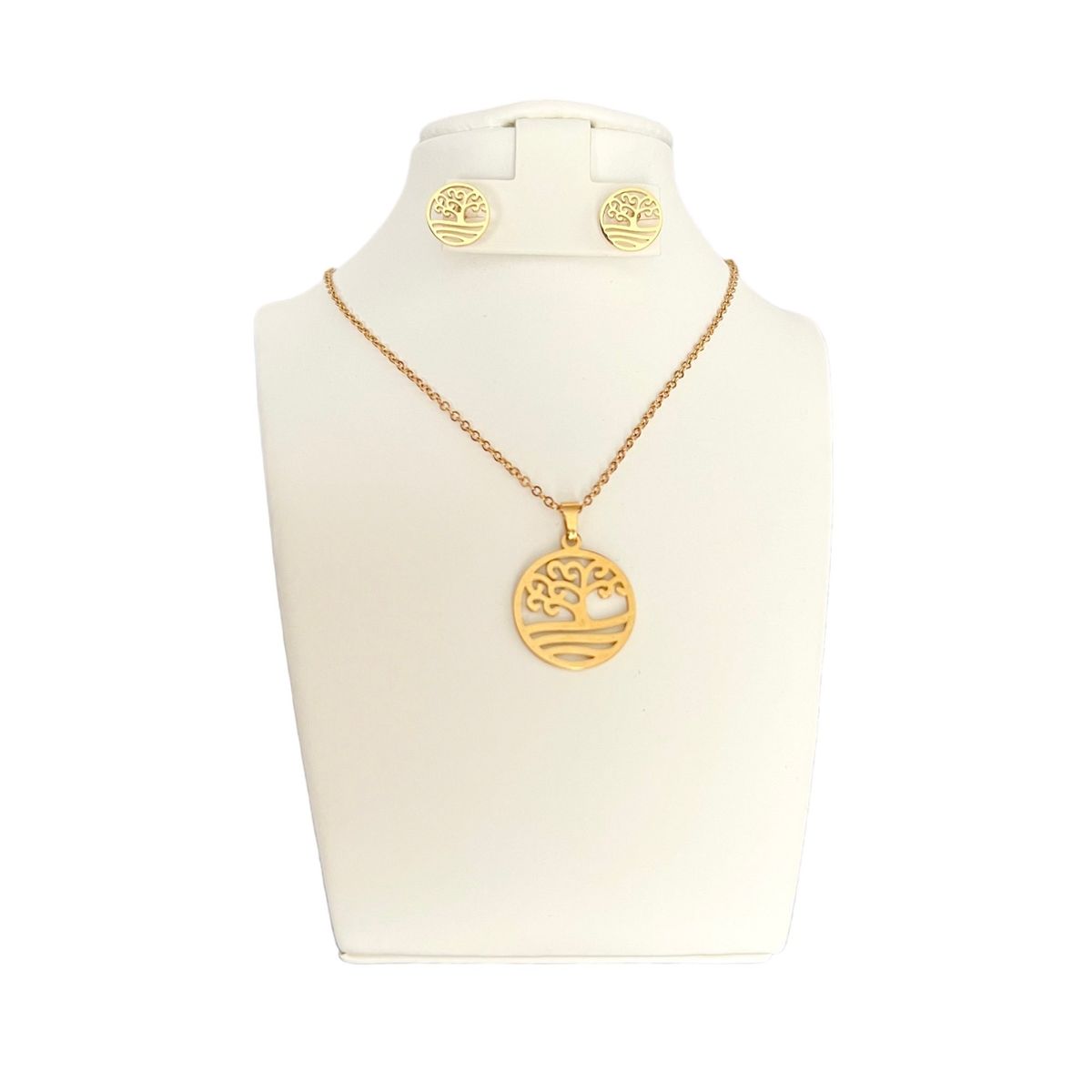 GENERICO - Set Collar y Aretes de Acero Árbol de la Vida Circular Cadena 43 cm