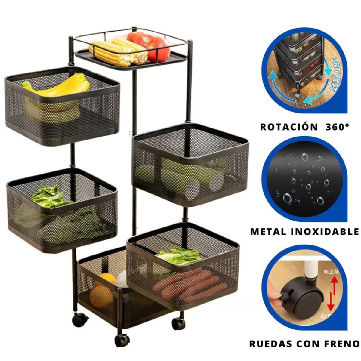 GENERICO - Verdulero Móvil para Almacenar Frutas y Verduras de 5 Niveles Cuadrado