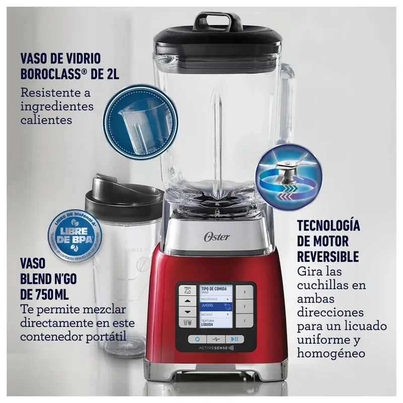OSTER - Licuadora Oster ActiveSense Rojo 1100w con Blend-N-Go BLSTTDGRBG