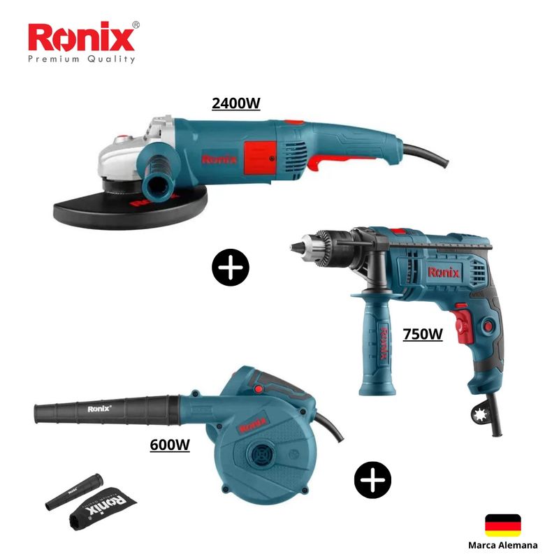 RONIX - Combo RONIX Amoladora 2400W Sopladora 600W y Taladro 750W