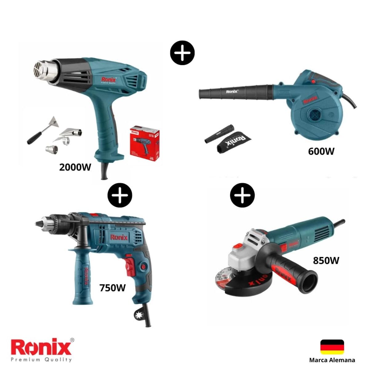 RONIX - Combo RONIX Taladro +  Amoladora 850W + Pistola Calor 2000W + Soplador