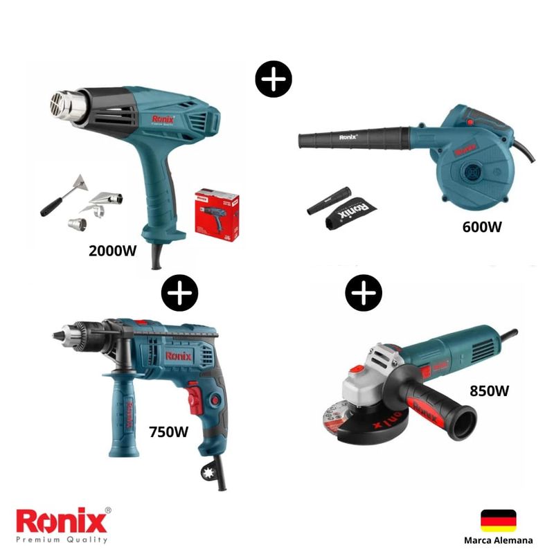 RONIX - Combo RONIX Taladro +  Amoladora 850W + Pistola Calor 2000W + Soplador