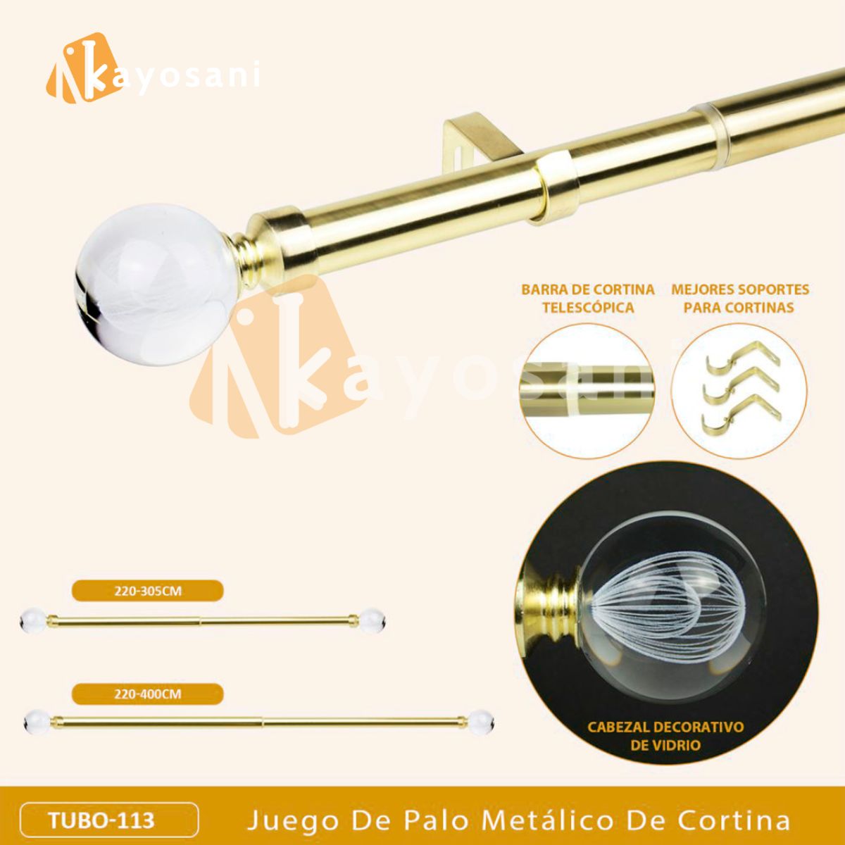 CASATEX - Tubo de Cortina Decorativo Graduable Elegante de 220-300cm GOLD