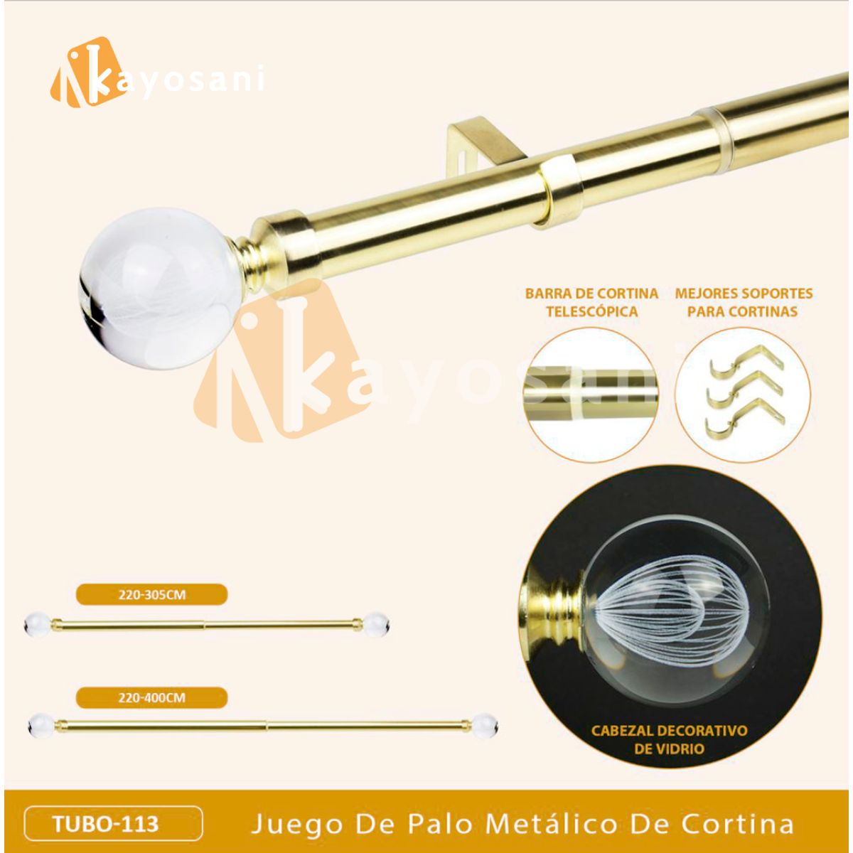 CASATEX - Tubo de Cortina Decorativo Graduable Elegante de 220-400cm GOLD
