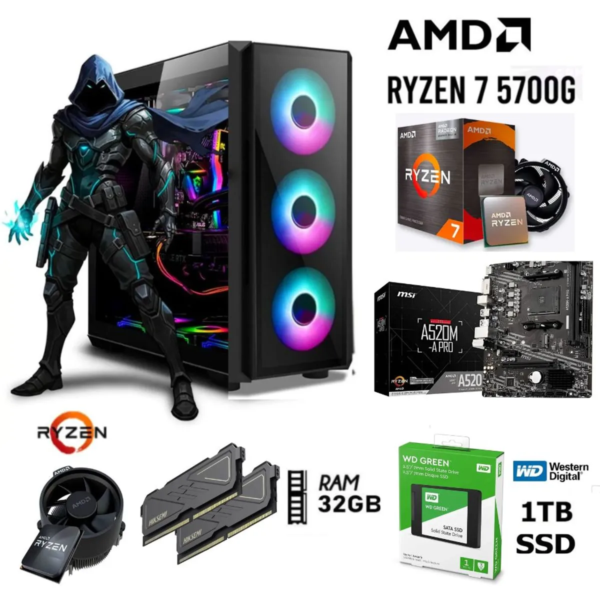 AMD - Computadora PC GAMER RYZEN 7 5700G  3.2Ghz  RAM 32GB  DISCO SOLIDO  1TB, CASE 500W
