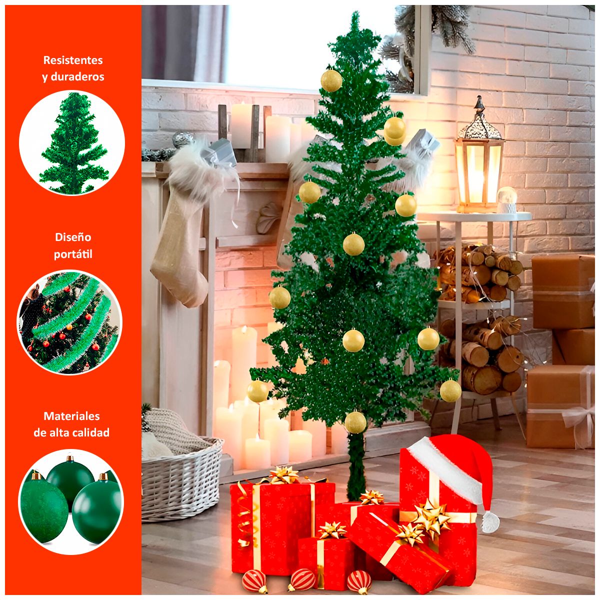 GENERICO - Árbol 1.8 + Luces Verdes + Bolas Verdes x 12 und + Guirnalda Regalo