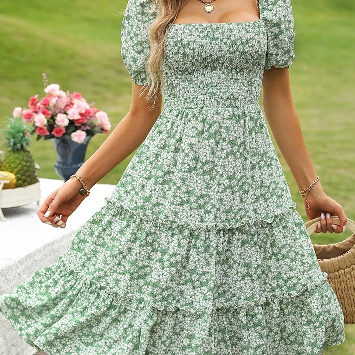 TAIS PRINCESS - Tais Princess Vestido floral cuello cuadrado vintage bajo fruncido