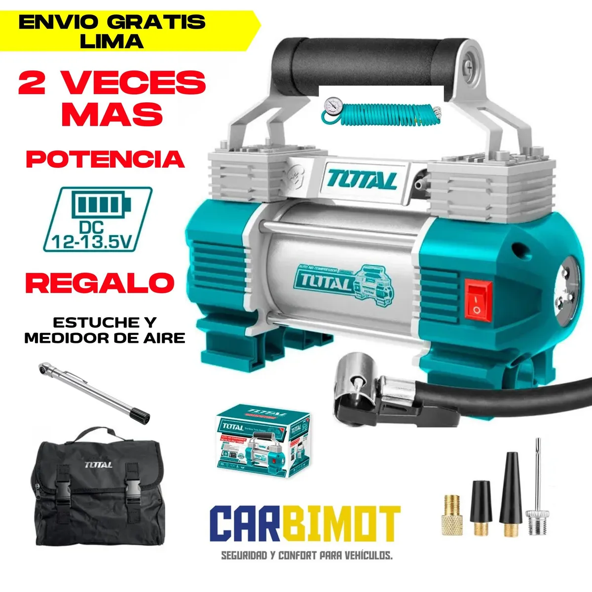 TOTAL TOOLS - MINI COMPRESORA INFLADOR DE AIRE 12V PORTATIL PARA LLANTAS