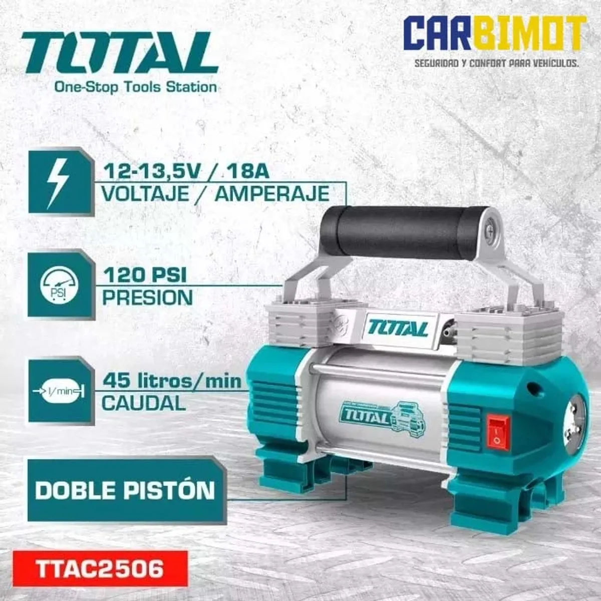TOTAL TOOLS - MINI COMPRESORA INFLADOR DE AIRE 12V PORTATIL PARA LLANTAS