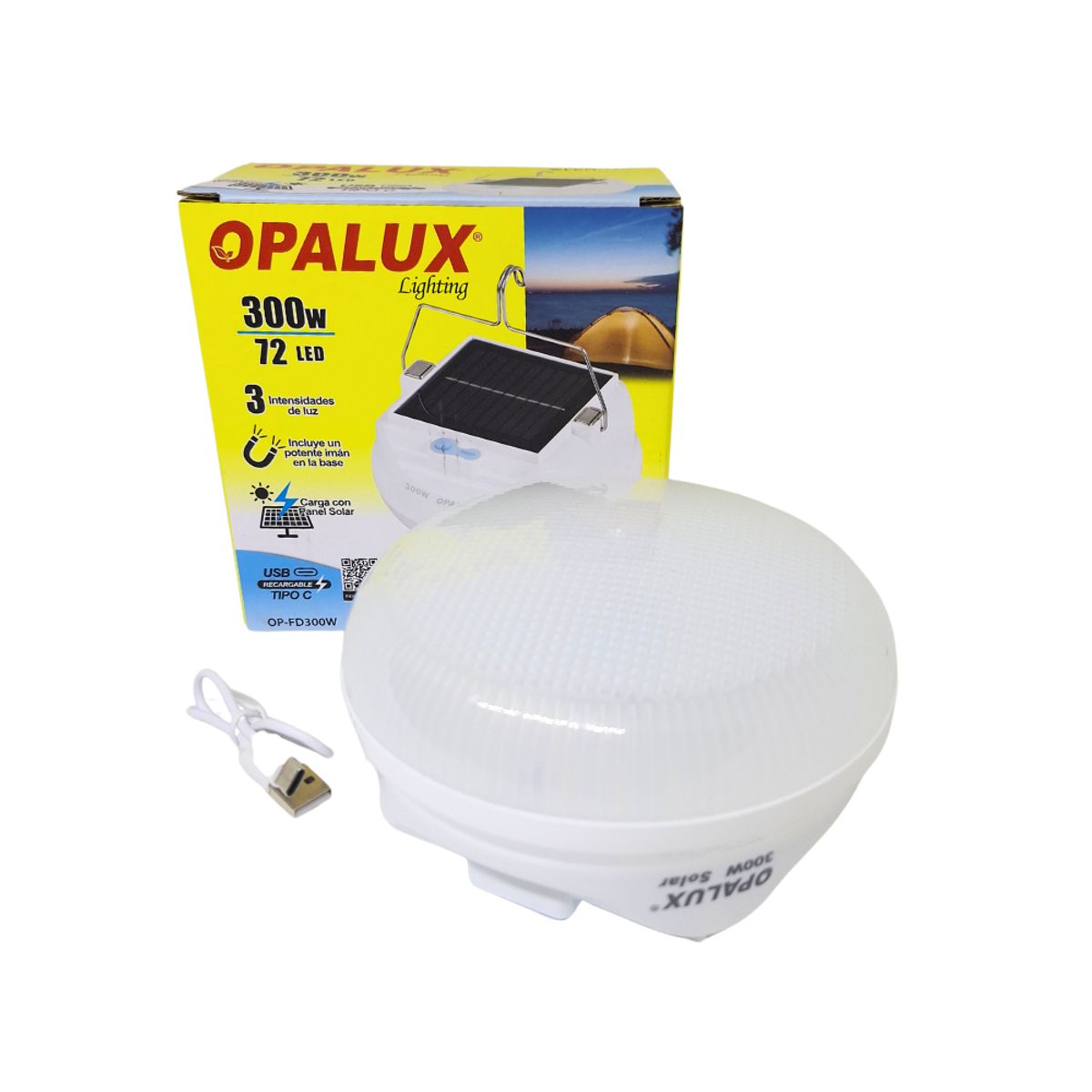 OPALUX - Lampara Portátil Colgante Solar Recargable 300W 72 Led OP-FD300W