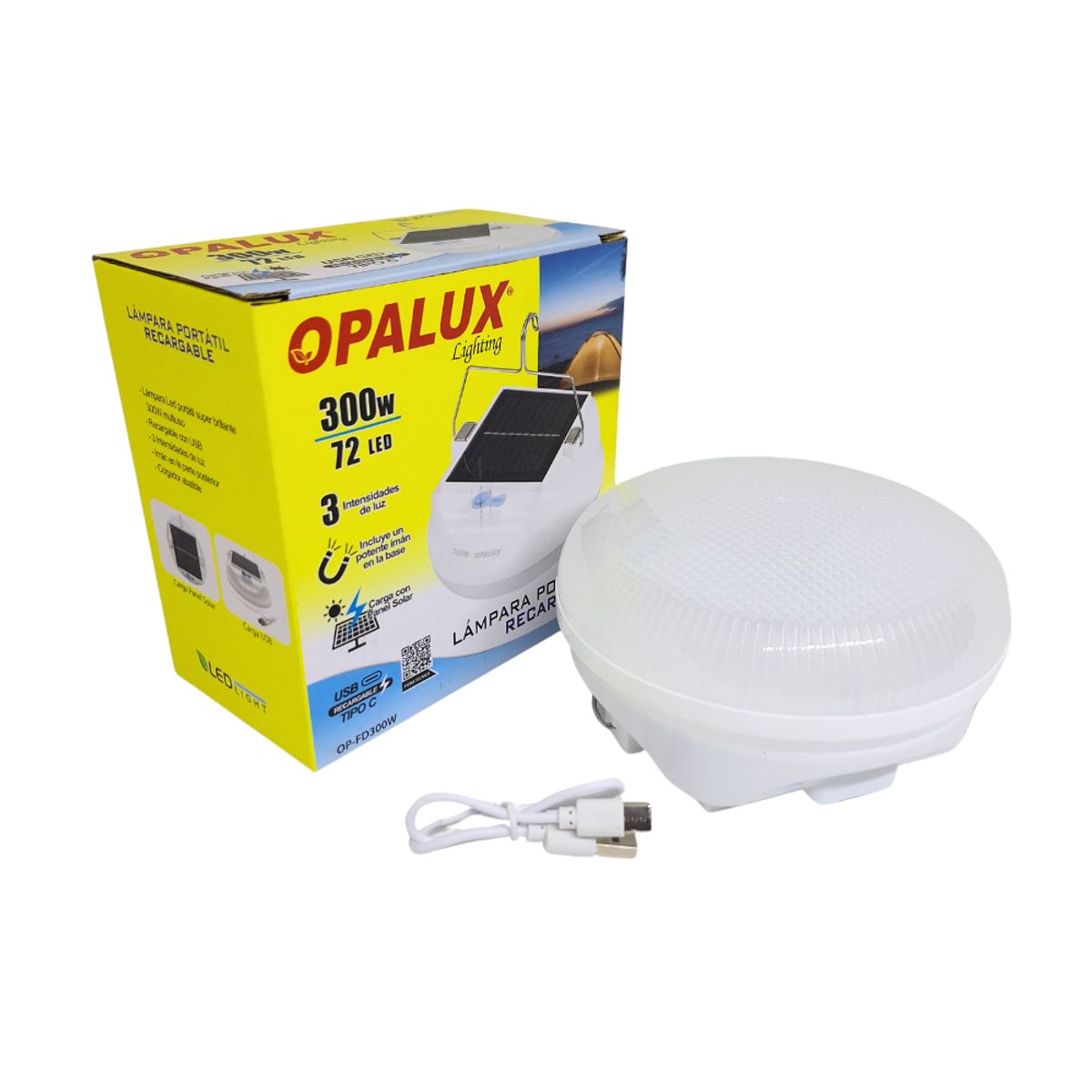 OPALUX - Lampara Portátil Colgante Solar Recargable 300W 72 Led OP-FD300W