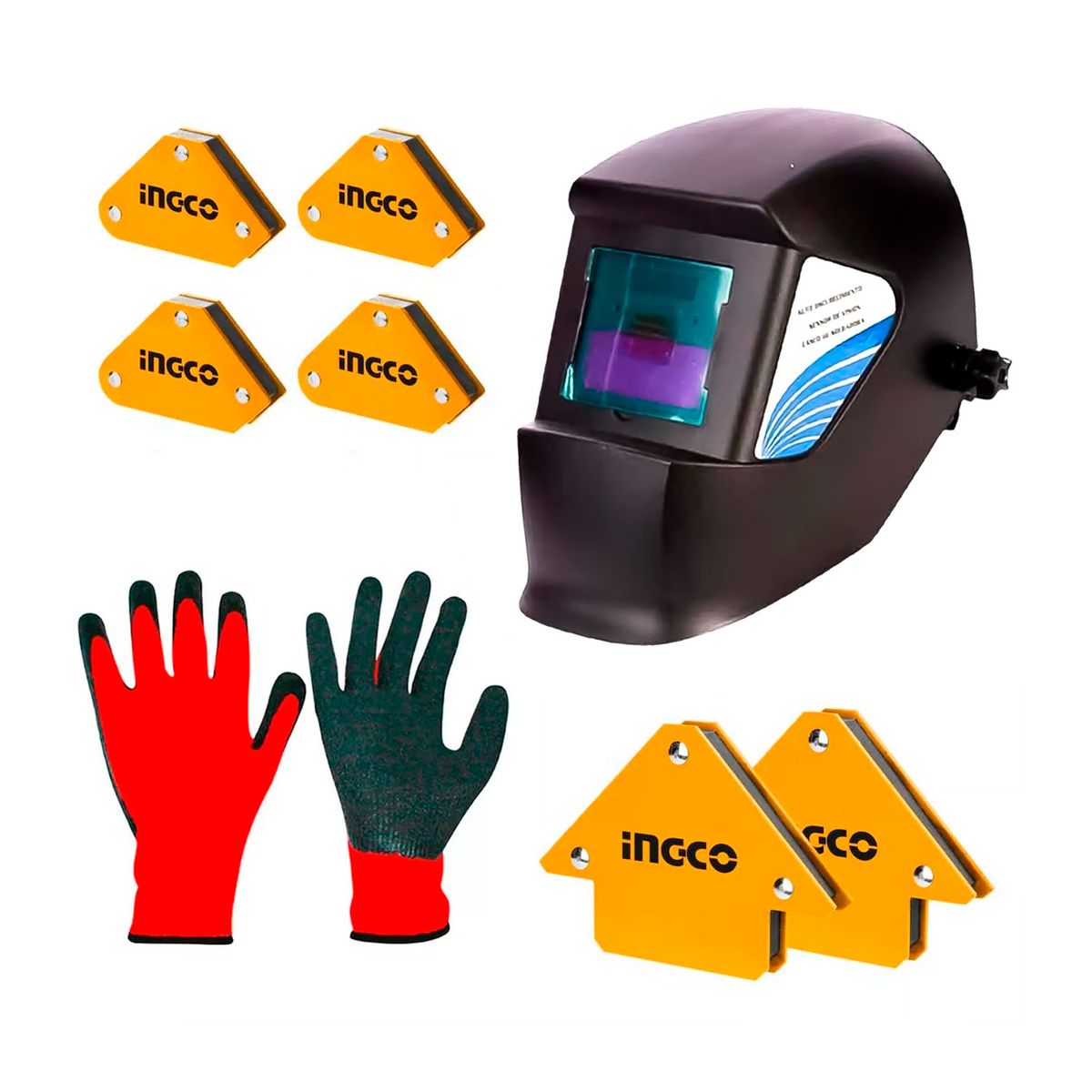 INGCO TOOLS - CASCO CARETA DE SOLDAR  + ESCUADRAS MAGNÉTICAS INGCO + GUANTES