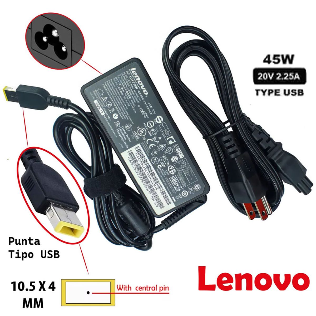 GENERICO - Cargador Lenovo Punta Cuadrada Compatible - Tipo USB 20v 225A 45w