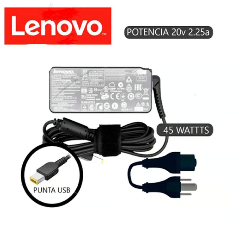GENERICO - Cargador Lenovo Punta Cuadrada Compatible - Tipo USB 20v 225A 45w