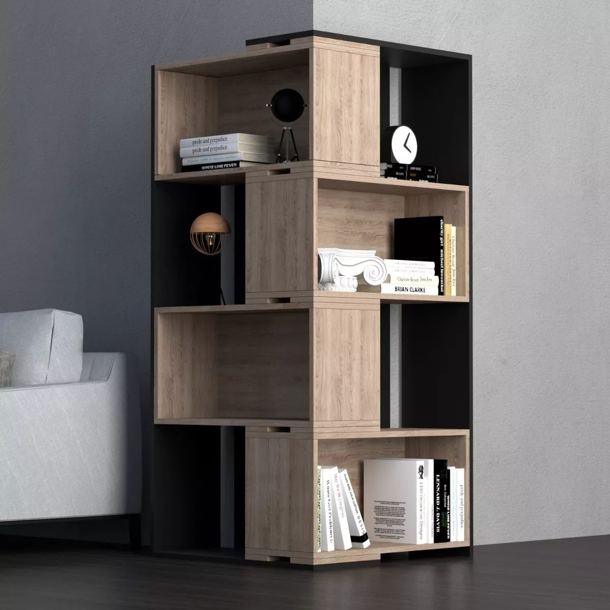 TU MESITA - Librero Esquinero Marshall color MacadamiaNegro TU MESITA
