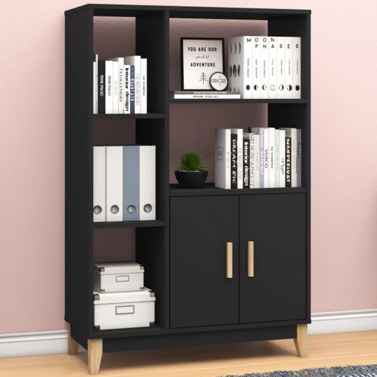 TU MESITA - Librero Moderno Allende color Negro 2 puertas TU MESITA