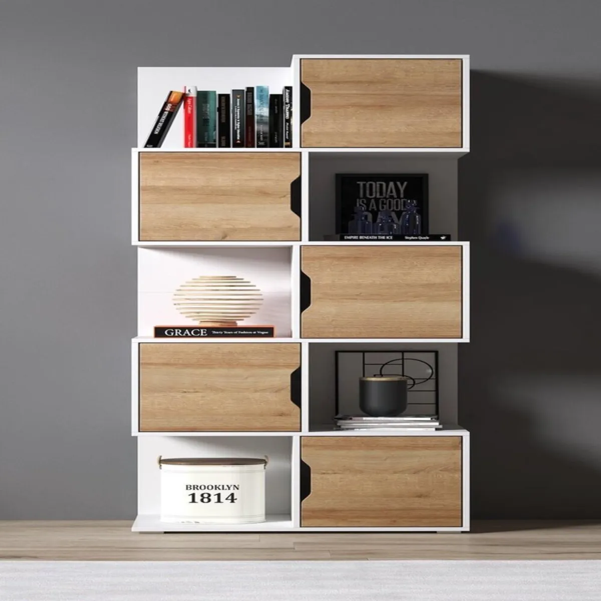 TU MESITA - Moderno Librero TU MESITA Piero color BlancoMarrón 5 puertas