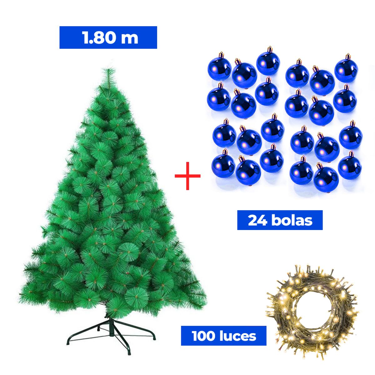 GENERICO - COMBO ARBOL NAVIDEÑO 1,80 M.+ 24 BOLAS AZUL + LUCES 100 FOCOS