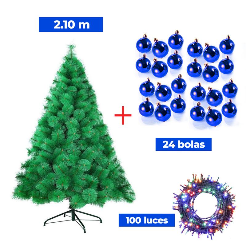 GENERICO - COMBO ARBOL NAVIDEÑO 2.10 M.+ 24 BOLAS AZUL + LUCES 100 FOCOS MU