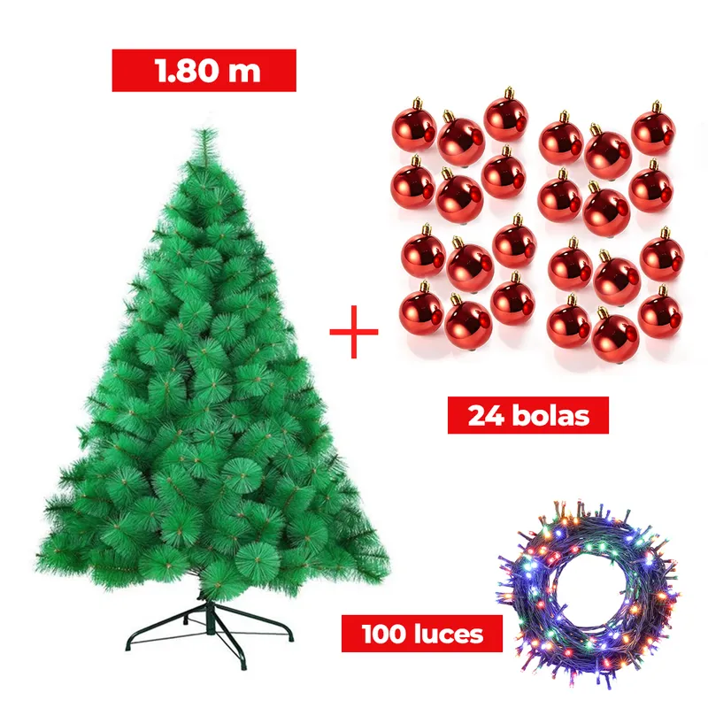 GENERICO - COMBO ARBOL NAVIDEÑO 1,80 M.+ 24 BOLAS ROJO + LUCES 100 FOCOS -MU
