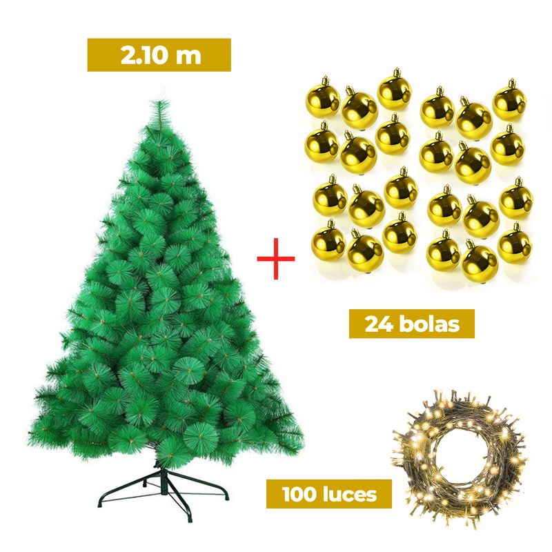 GENERICO - COMBO ARBOL NAVIDEÑO 2.10 M.+ 24 BOLAS DORADO + LUCES 100 FOCOS