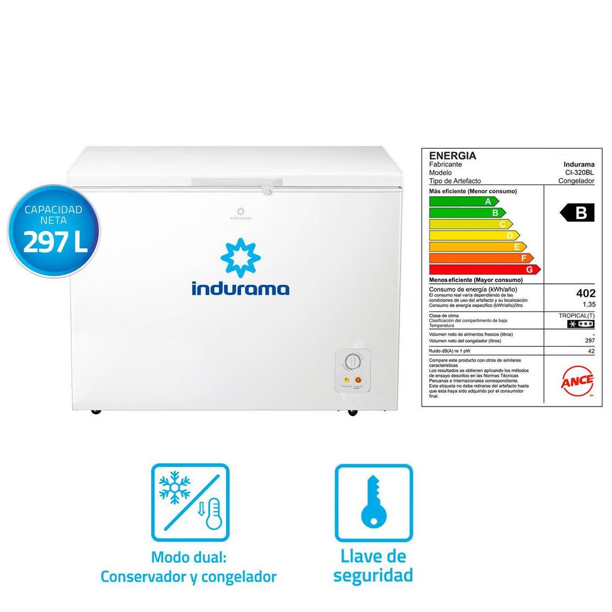INDURAMA - Congeladora Indurama Defrost 297L CI-320BL Blanco