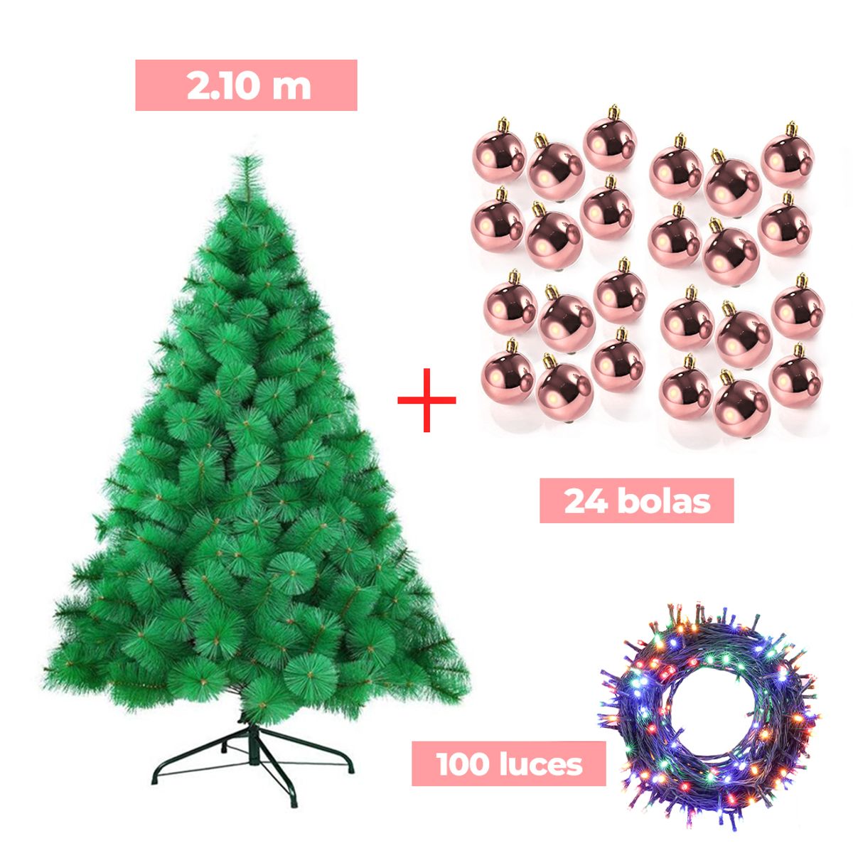 GENERICO - COMBO ARBOL NAVIDEÑO 2.10 M.+ 24 BOLAS ROSA + LUCES 100 FOCOS MU