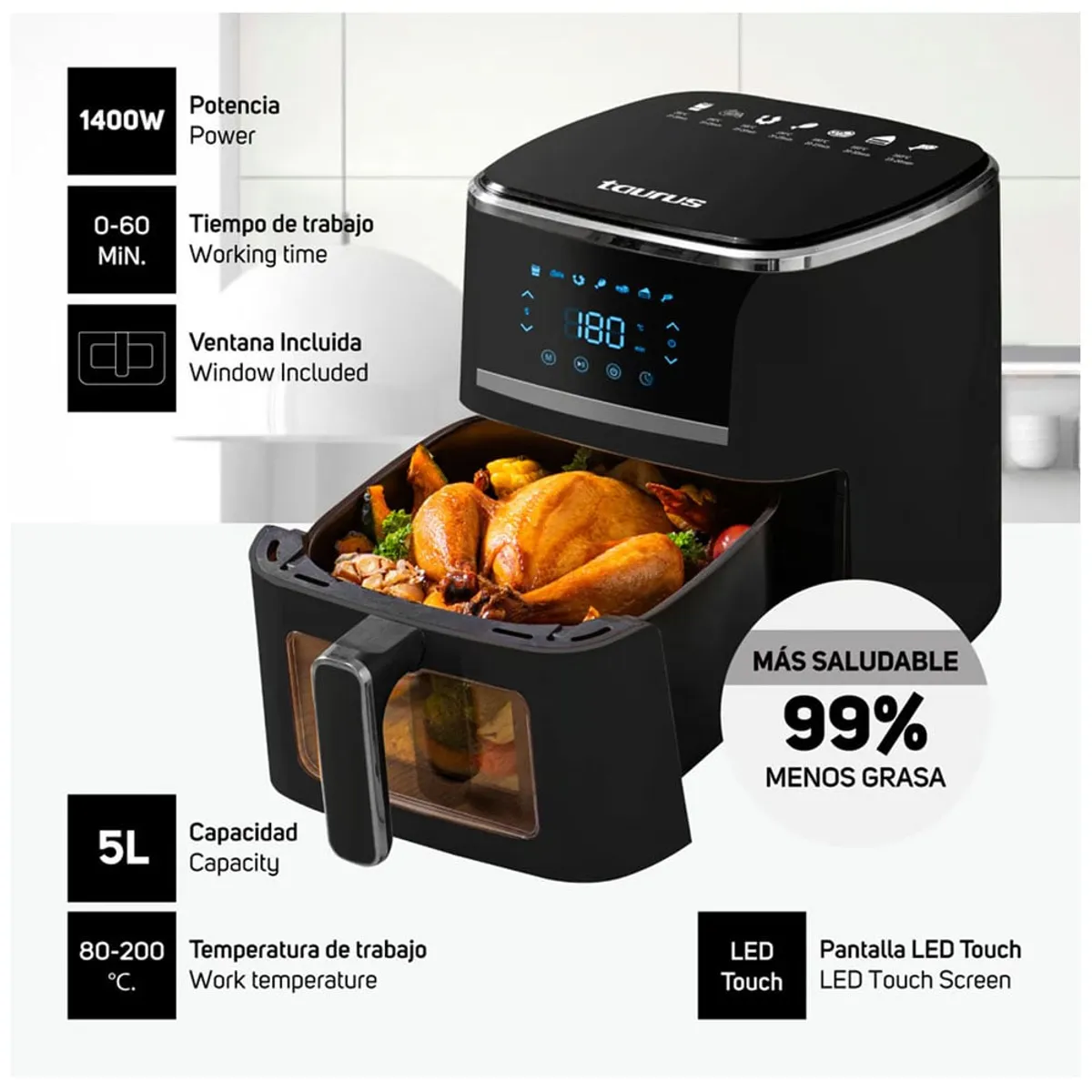 TAURUS - Freidora de Aire Taurus Silver Fryer 5L 1400W