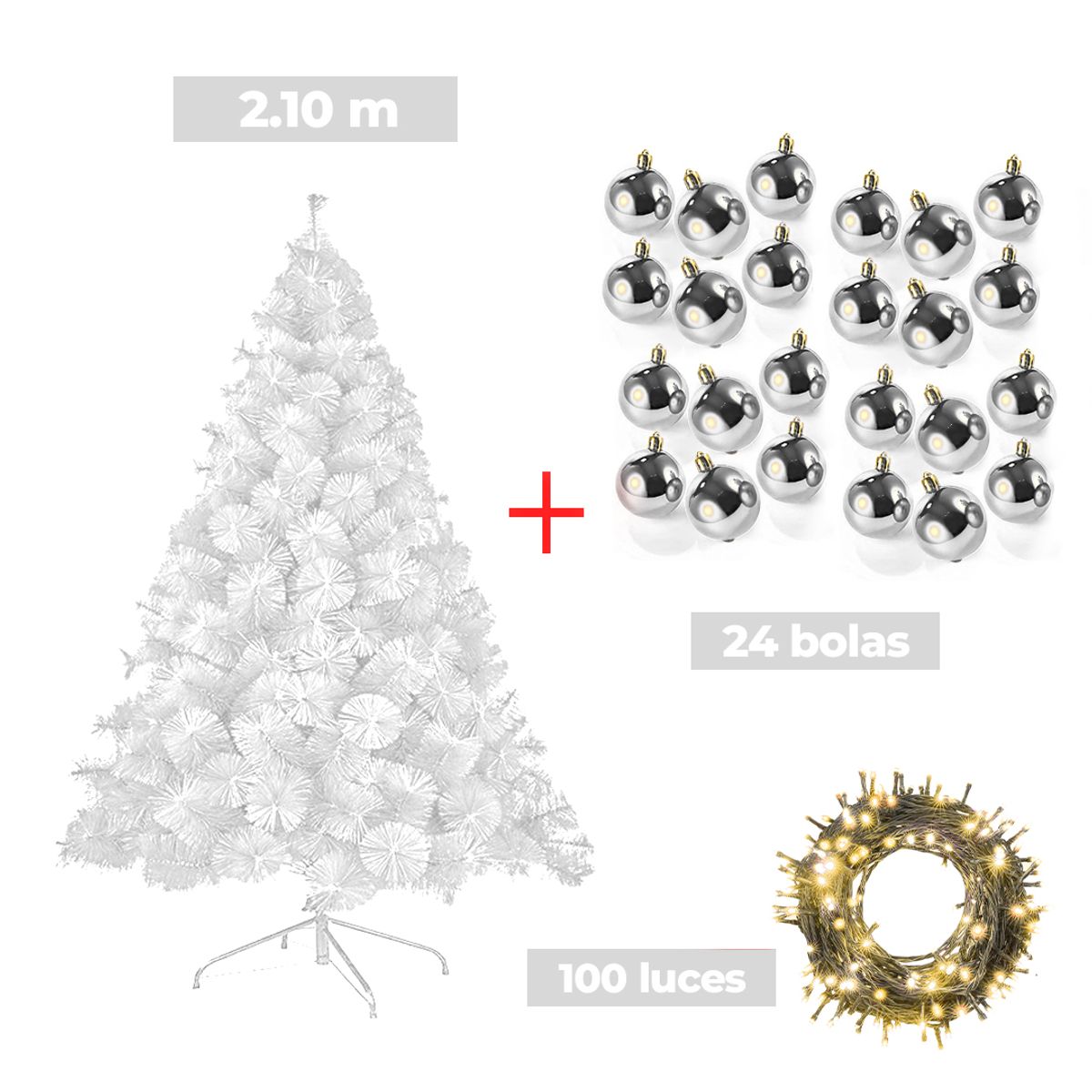 GENERICO - COMBO ARBOL NAVIDEÑO BLANCO 2.10 M.+ 24 BOLAS PLATEADO + LUCES
