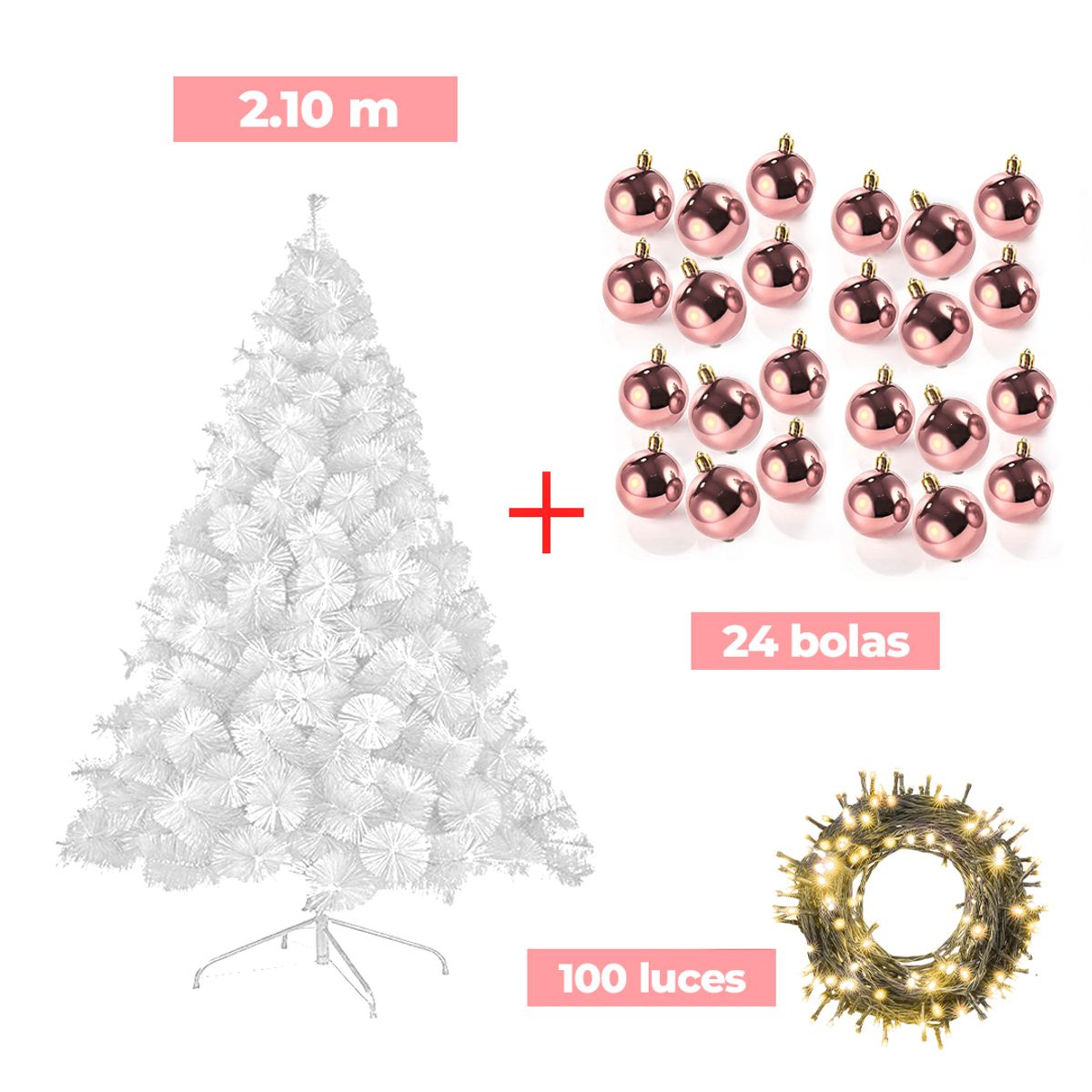 GENERICO - COMBO ARBOL NAVIDEÑO BLANCO 2.10 M.+ 24 BOLAS ROSA + LUCES