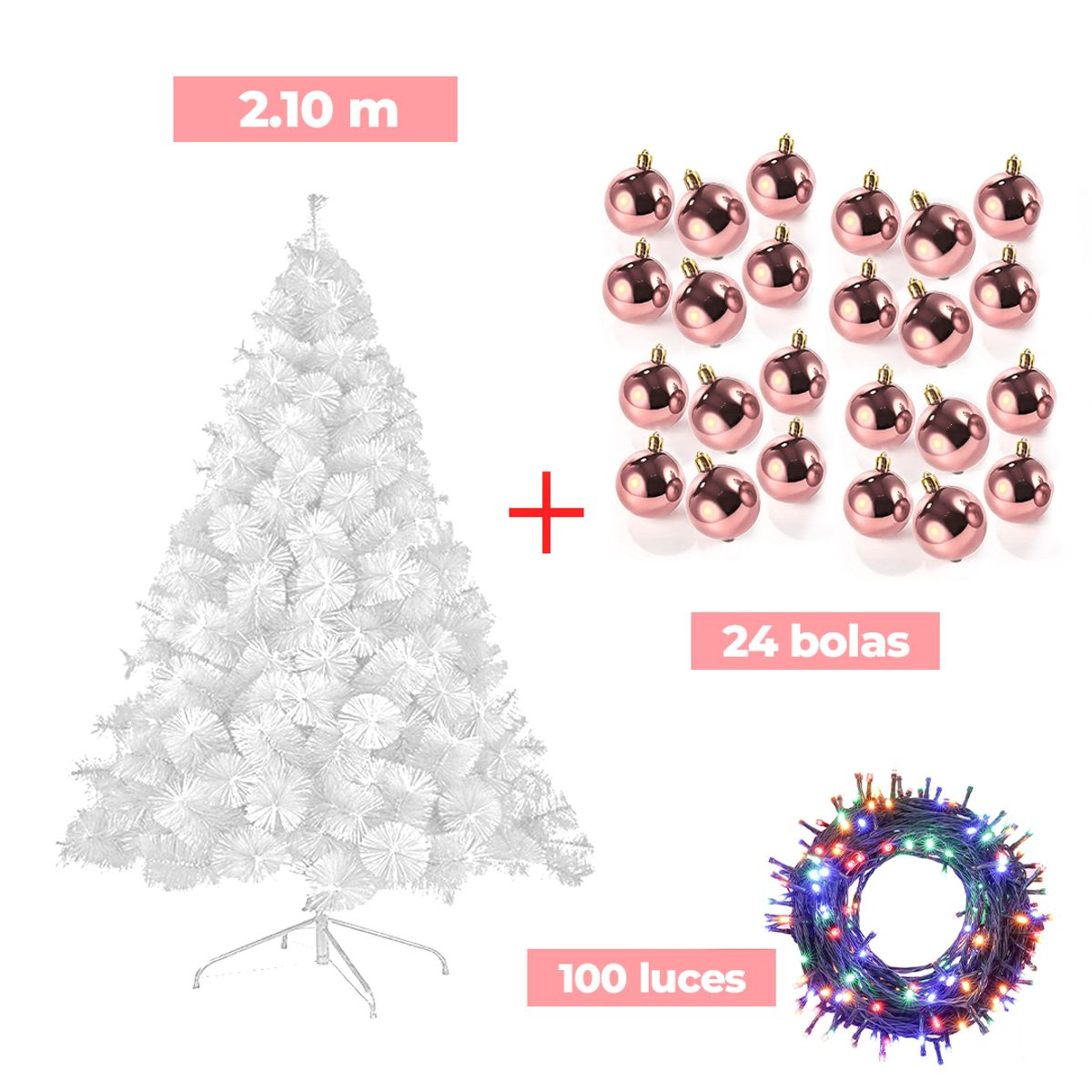 COMBO ARBOL NAVIDEÑO BLANCO 2.10 M.+ 24 BOLAS ROSA + LUCES MU, marca GENERICO - Foto Principal