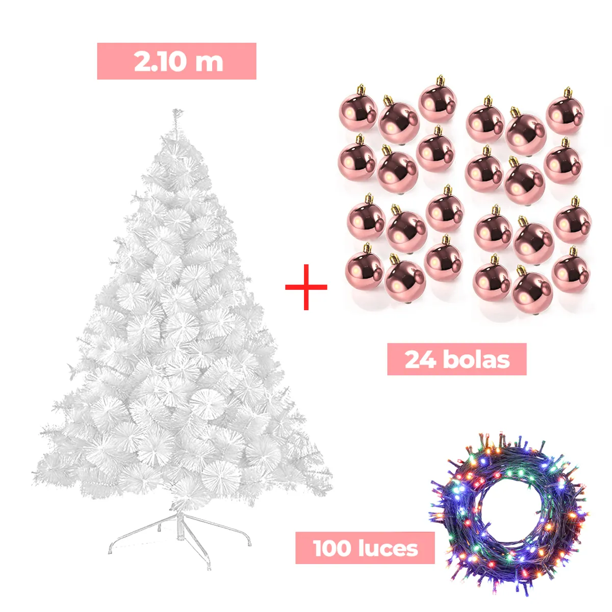 COMBO ARBOL NAVIDEÑO BLANCO 2.10 M.+ 24 BOLAS ROSA + LUCES MU, marca GENERICO - Foto Principal