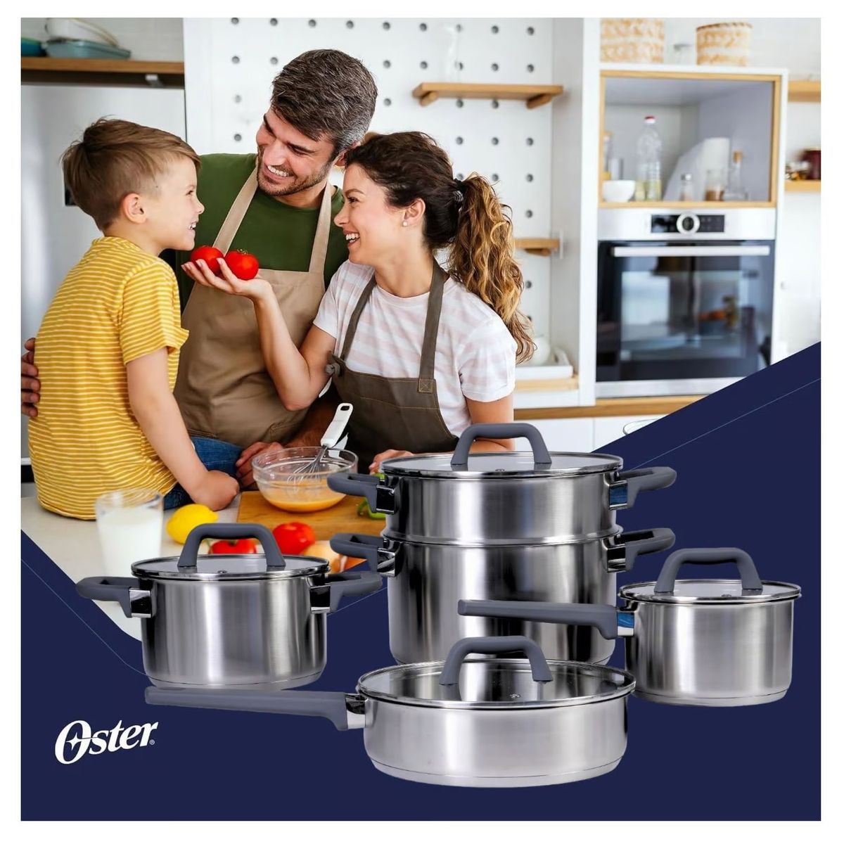 OSTER - Juego de Ollas 9 piezas Acero inoxidable Oster Beauford acabado plata