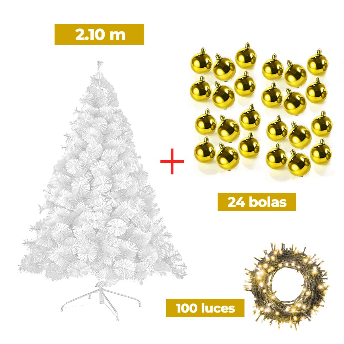 GENERICO - COMBO ARBOL NAVIDEÑO BLANCO 2.10 M.+ 24 BOLAS DORADO + LUCES