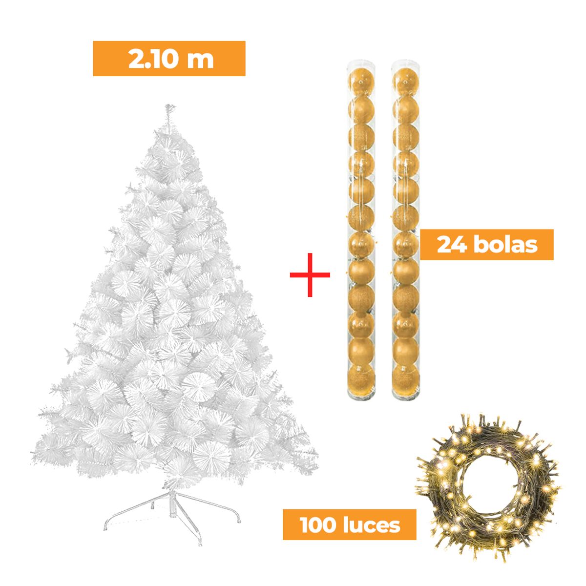 GENERICO - COMBO ARBOL NAVIDEÑO BLANCO 2.10 M.+ 24 BOLAS NARANJA + LUCES