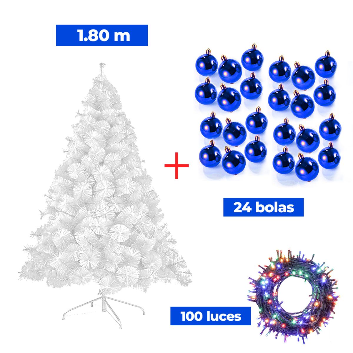 GENERICO - COMBO ARBOL NAVIDEÑO BLANCO 180 M.+ 24 BOLAS AZUL + LUCES MU