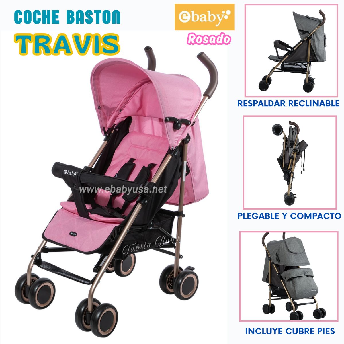 EBABY - Coche de Paseo Bastón Travis para Bebe Rosado