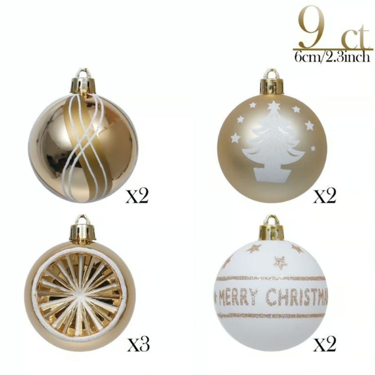 GENERICO - ESFERAS DE NAVIDAD 9 UNIDADES - DORADO CON BLANCO