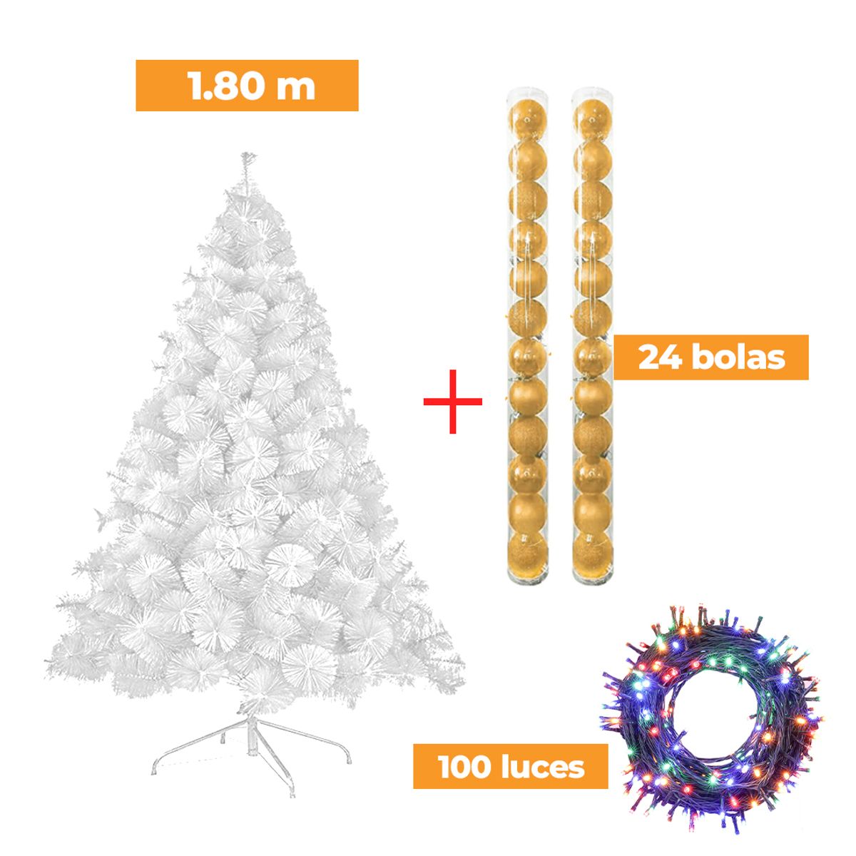 GENERICO - COMBO ARBOL NAVIDEÑO BLANCO 180 M.+ 24 BOLAS NARANJA + LUCES MU